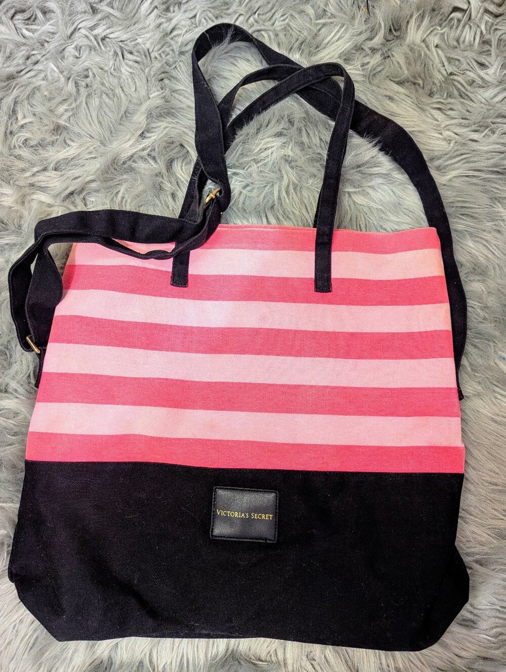 Victoria's Secret Pink and Light Pink Striped Canvas Tote with Black Base